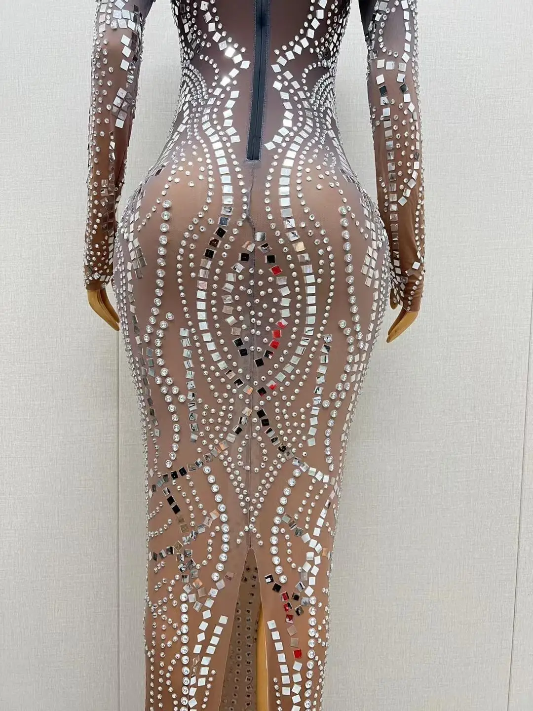 Lianpianchousheng – robe longue en maille transparente avec cristaux et miroirs argentés scintillants, tenue moulante pour femmes, tenue de bal d'anniversaire