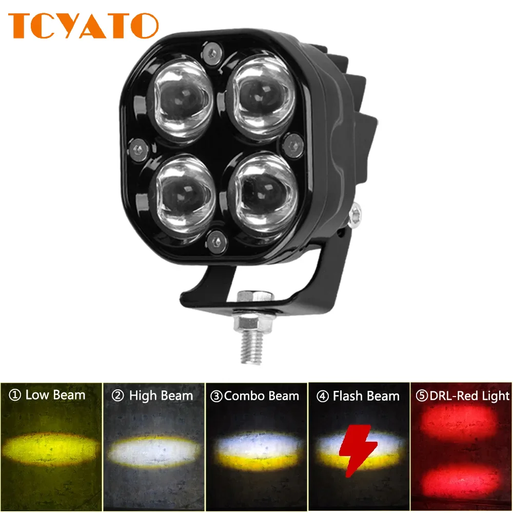 TCYATO 4 LED Headlights For Motorcycle Fog Lights Spotlights DRL Long Range 12-80V Flashing Auxiliary ATV Car Work Lights