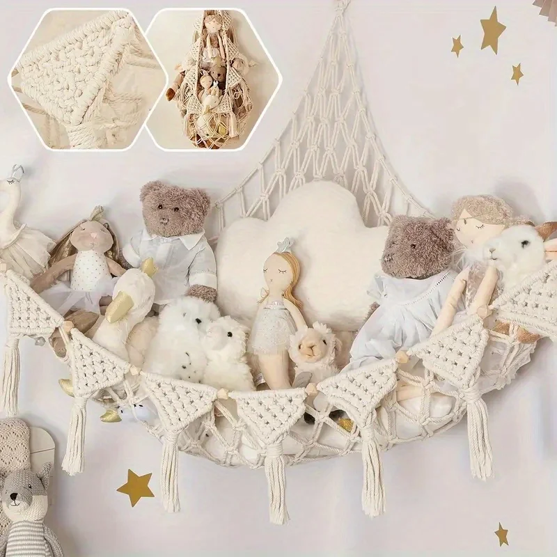 White Triangle Woven Plush Toy Corner Organizer (105x105x145cm) with octagonal beads and installation kit - Hand-woven cotton mesh toy storage hammock
