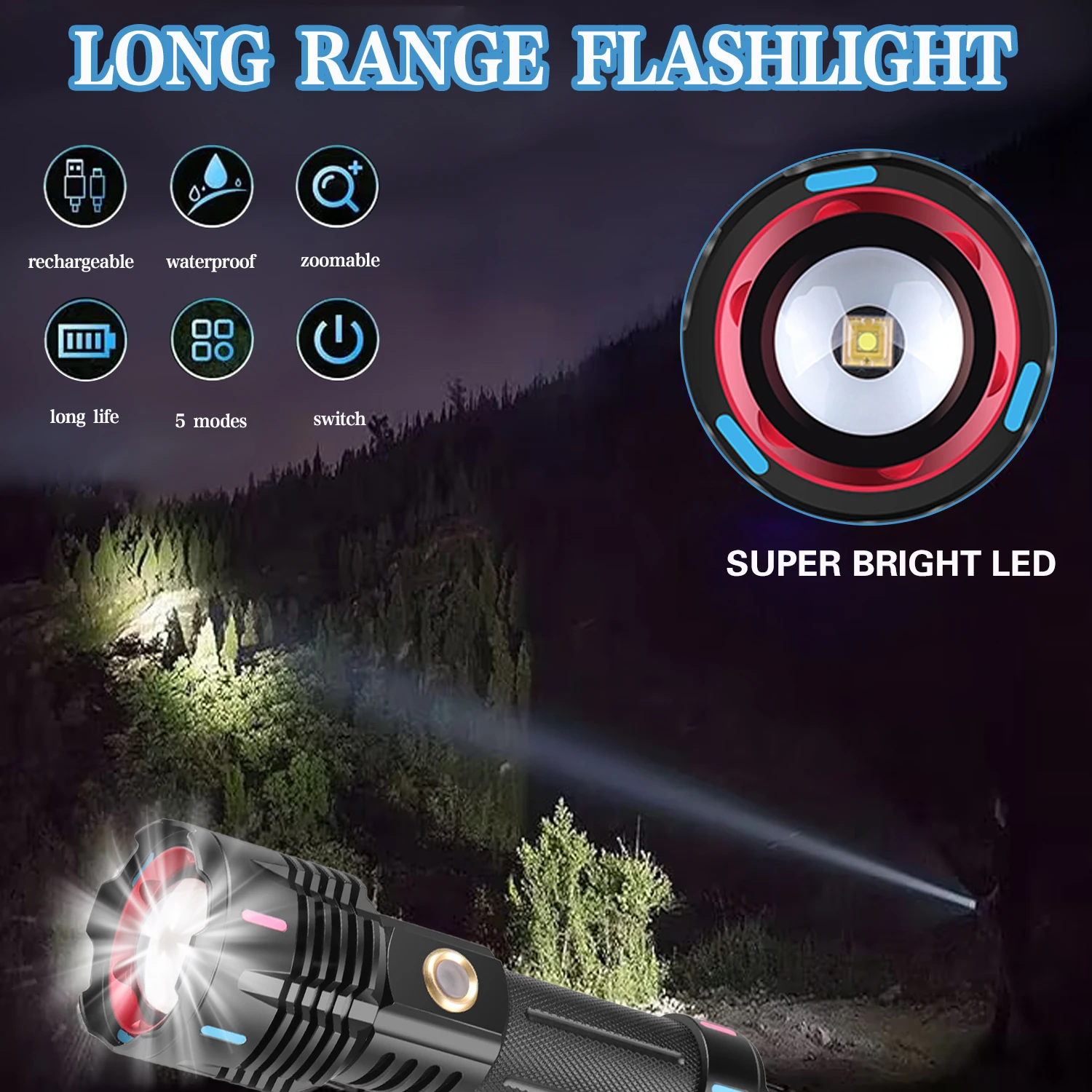 Powerful LED Flashlight USB Rechargeable Torch Light High Power Handlight Lantern Long Rang Hand Lamp for Camping Fishing