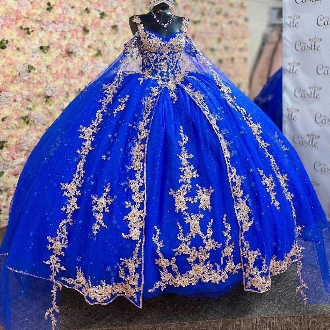 ANGELSBRIDEP-Vestidos Quinceanera Azul Royal, Vestidos de Baile Appliqued Dourado, Vestidos de Baile, Espartilho Lace-up, Doce 16 Vestidos De Festa