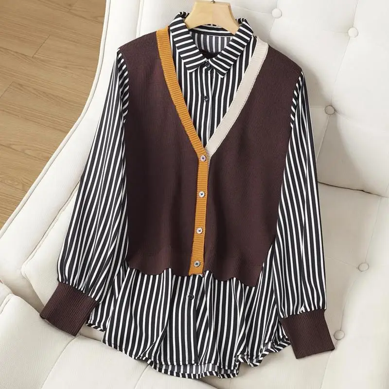 Streetwear Loose Turn-down Collar Striped Blouse Women\'s Clothing Fake Two Pieces Spring Autumn Patchwork Single-breasted Shirt