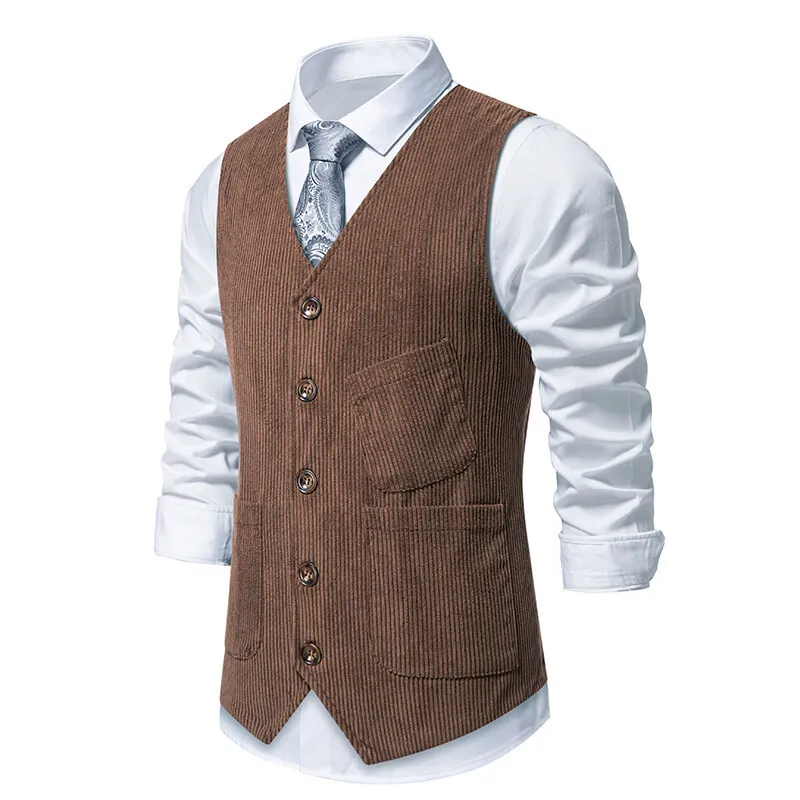 KIDWHXR Man Corduroy Vest Simple Solid V-neck Pocket Male Waistcoat Vintage Slim Single-breasted Business Casual Men Coat Vest