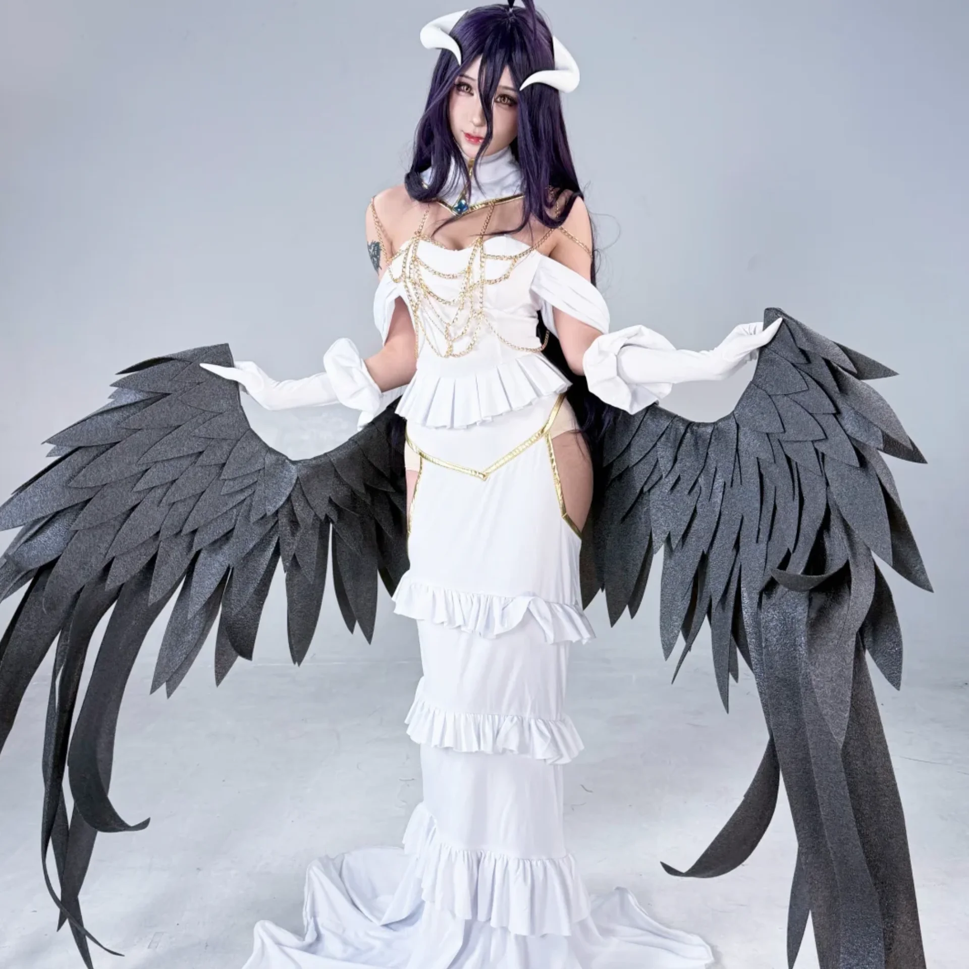 Overlord Albedo Cosplay Costume White Mermaid Dress Anime Outfit Full Set with Demon Horns Wig for Halloween Comic Con Roleplay - view 4