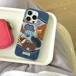 Embroidery Dachshund puppy Denim Leopard art Phone Case For iPhone 15 14 13 12 Pro Max Case Cute luxury Cartoon shockproof Cover