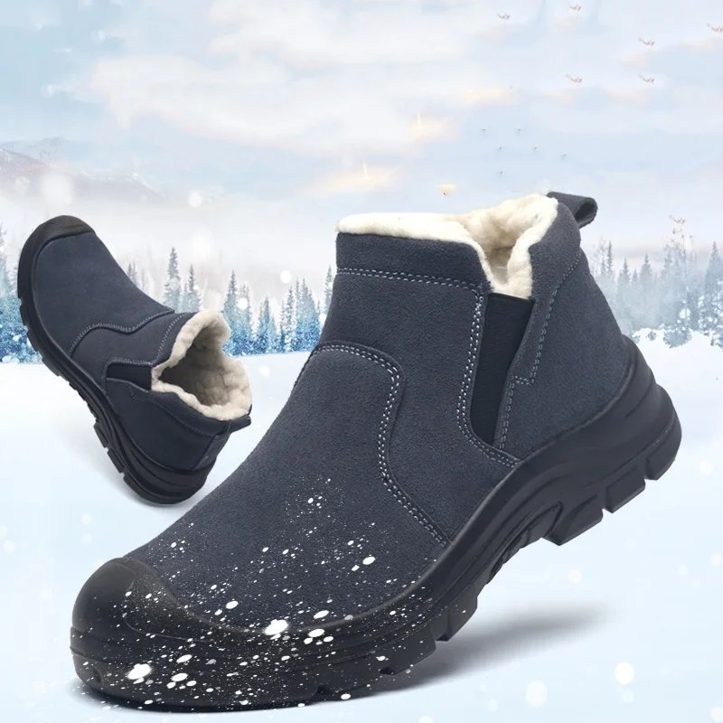 men's fashion steel toe caps working safety boots worker cow suede leather welding shoes warm cotton winter snow ankle botas man