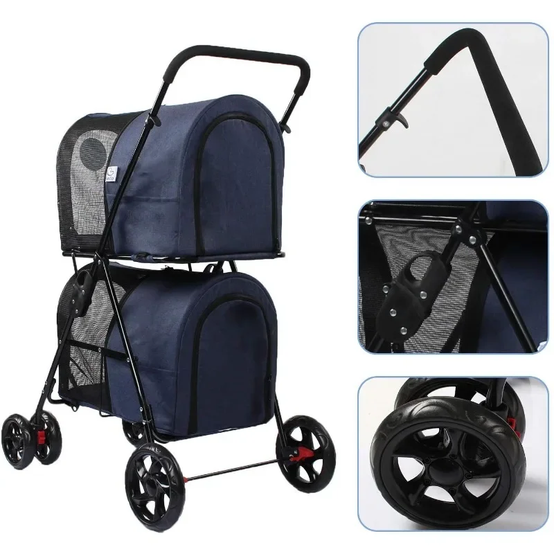 Poussette pour chien avec double cabine, facile à plier, 4 roues, grande poussette pour animaux de compagnie, chariot de voyage, vente chaude sur Amazon