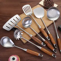 304 Staniless Steel Kitchen Utensils Anti-scald Spatula Spoon Cooking Tool Sets Long Wooden Handle Thickened Cooking Equpment