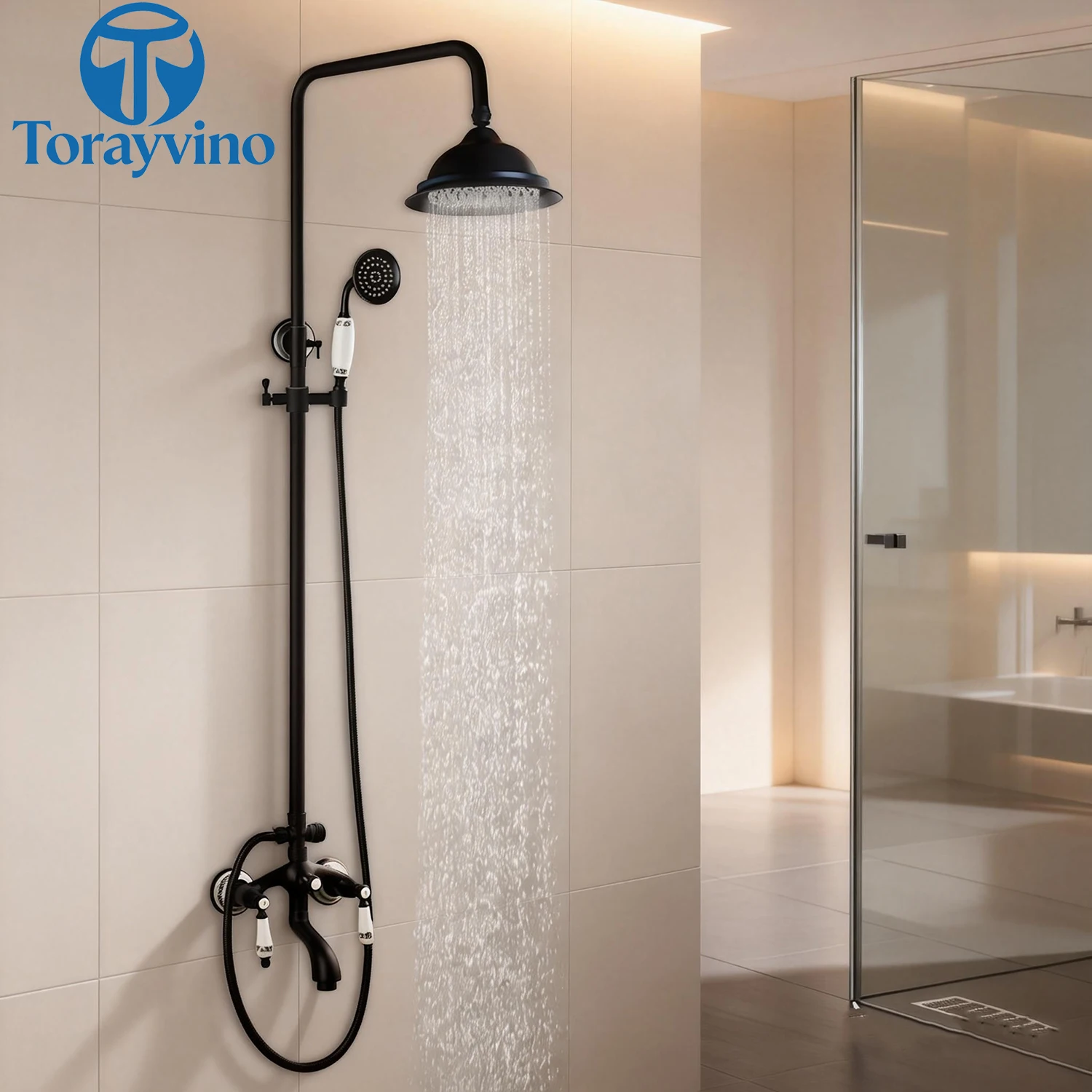 

Torayvino черный набор душевой системы для ванной комнаты, настенный 8-дюймовый смеситель для дождевых душа, смеситель с 3 функциями, комбинированный смеситель с клапаном