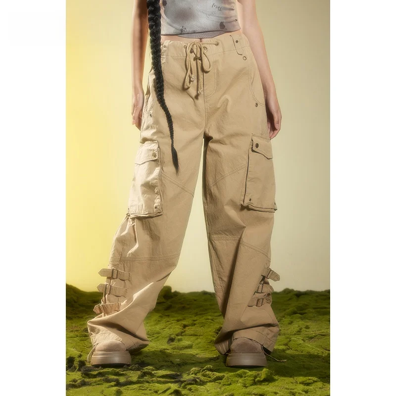 

American Retro Street Straight Leg Work Pants Women's Dstring Split Wa Loose Casual Pants Cotton 00% l Waist