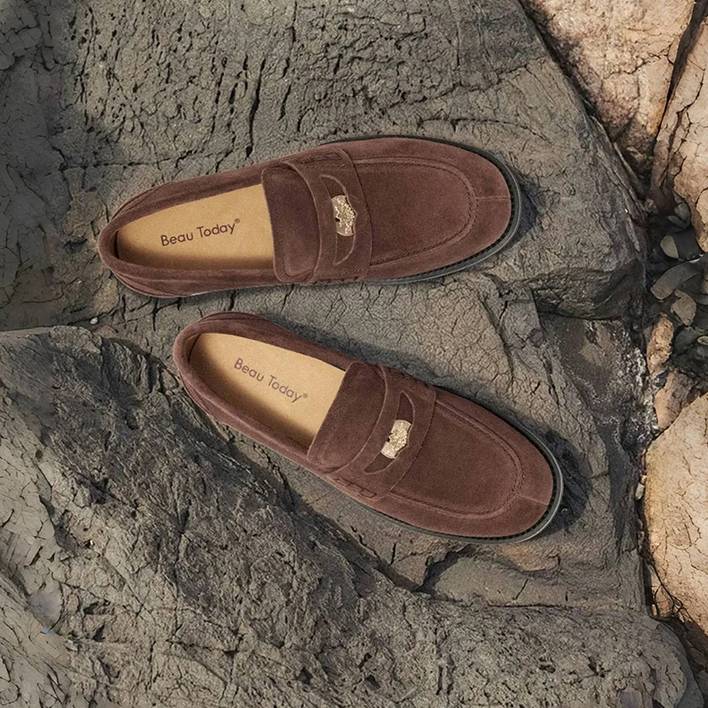 BEAUTODAY Penny Loafers Women Cow Suede Leather Flats Vintage Metal Cion Decor Sewing Female Casual Shoes 26189