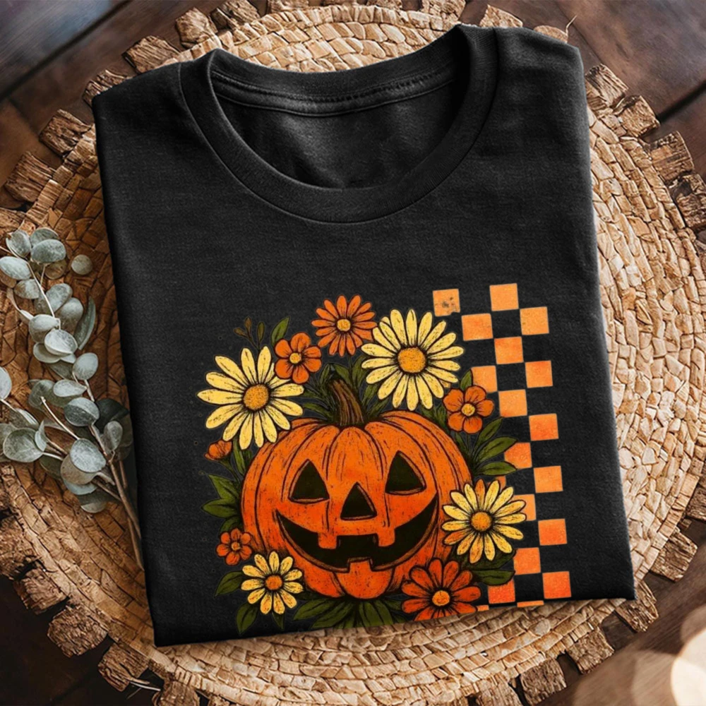Floral Jack O Lantern Unisex Tee Fashion Cotton Casual Tops Retro Checkerboard Fall Pumpkin Streetwear Vintage Harvest Motif Tee