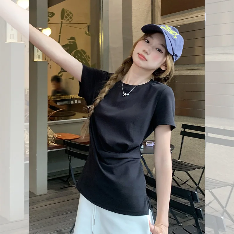 

2025 корейский стиль, черная футболка с короткими рукавами и рюшами, женская летняя футболка с короткими рукавами, новый свободный топ