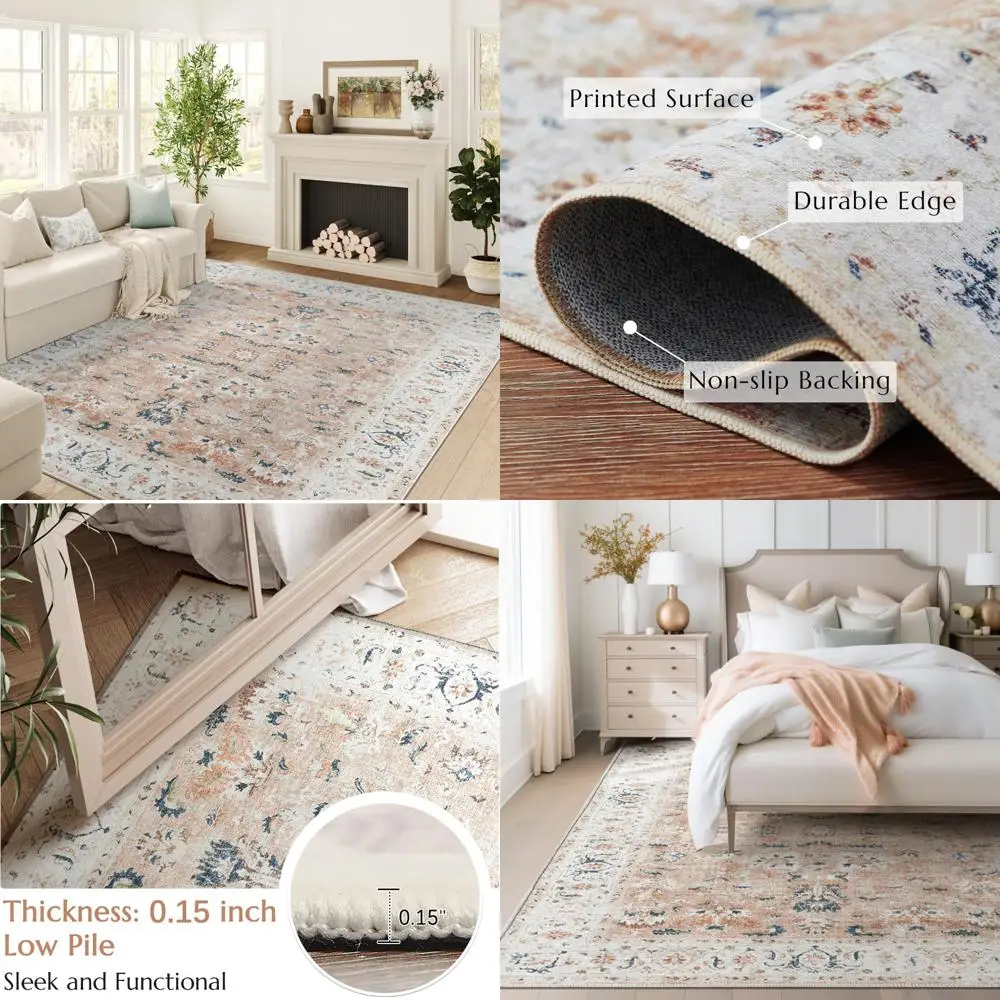 

Vintage Bohemian Floral 6x9 Area Rug for Living Room - Lightweight, Washable, Low Pile, Thin, Non-Slip Floor Cover