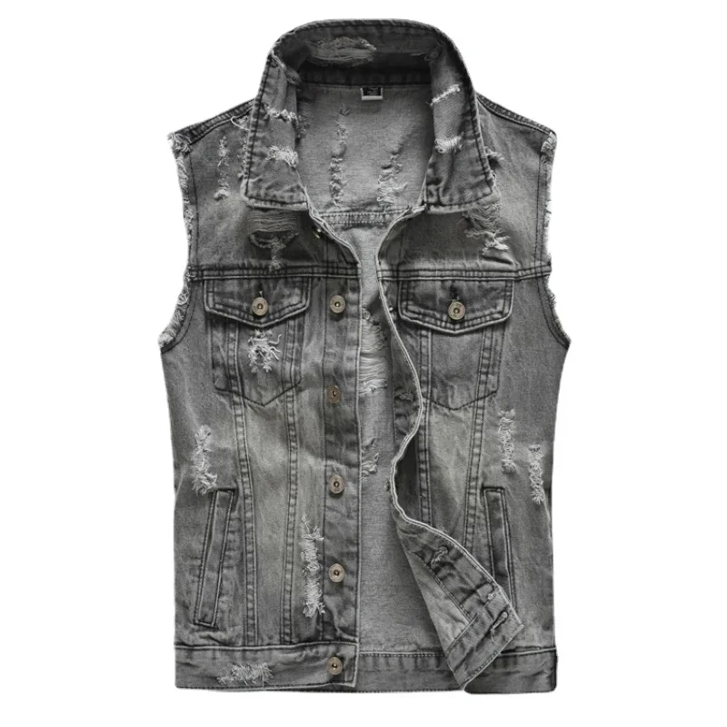 New Spring Autumn Vintage Design Mens Denim Vest Male Retor Denim Sleeveless Jackets Men Ripped Hole Jean Waistcoats Clothing