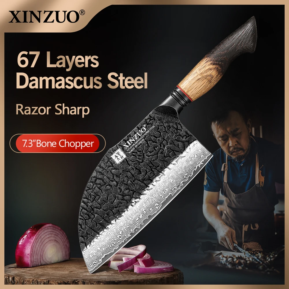 XINZUO 7.28 Inch Bone Chopper 67-Layer Damascus White Oak Red G10 Handle 15°±1 Edges 6.0-8.0N Cutting Force Polished with Box