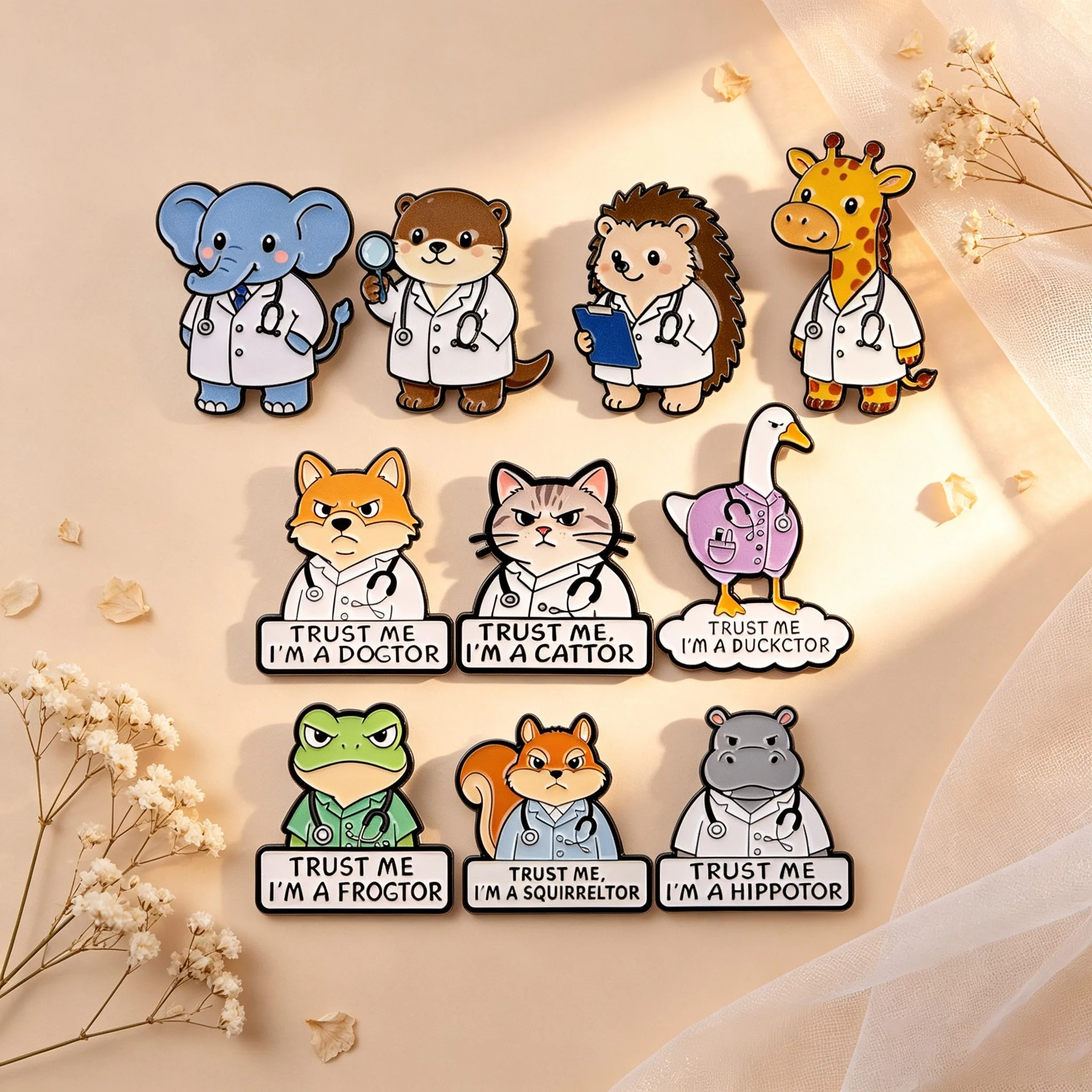 4-10pcs/set Animal Doctor Funny Cartoon Enamel Pin Lapel Backpack Pins Badges Cat Frog Brooch for Clothes Jewelry Gifts Friends