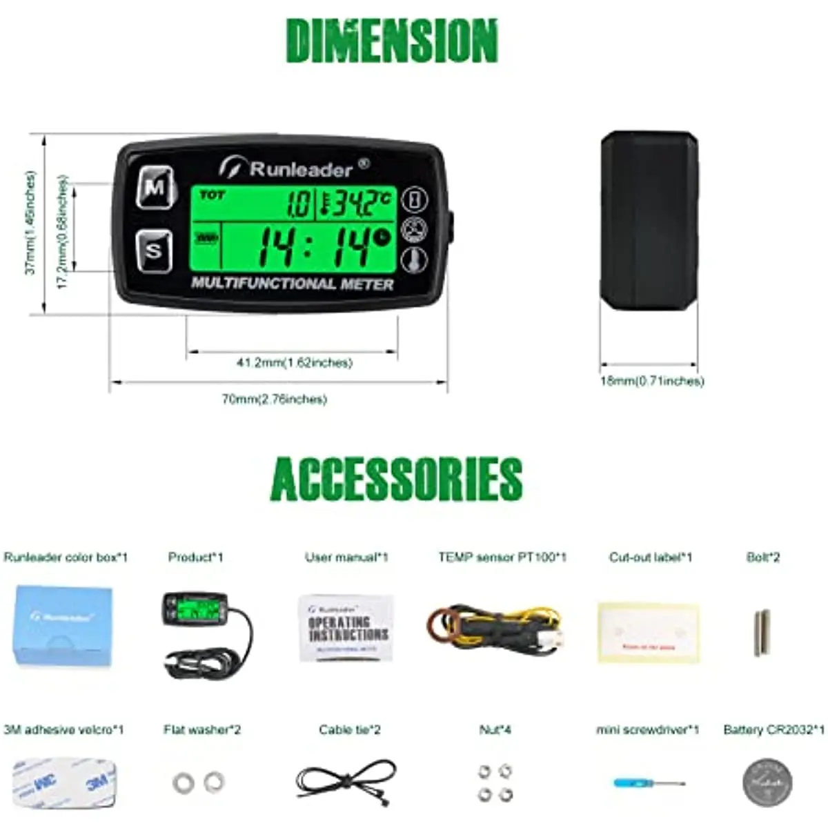 Temperature Gauge RPM Digital Tach Hour Meter  for Gas Engine Motorcycle Marine Jet Ski Buggy SnowblowTractor Pit Bike Paramotor