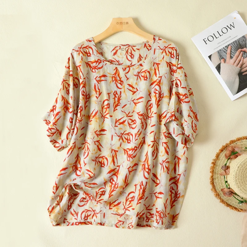 

Женская круглая футболка Ne ort Sve больших размеров из хлопка и льна с асимметричным принтом, повседневный свободный летний топ для больших размеров