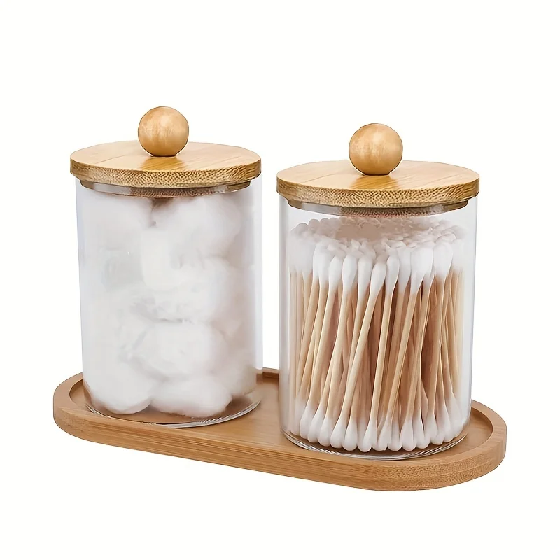 2 PCS Qtip Holder Dispenser with Bamboo Lids  Tray, 10 Oz Cotton Swab Holder Cotton Ball Organizer, Apothecary Jars Bathroom Sto