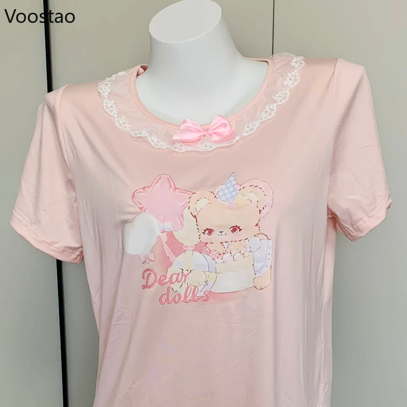 Pink Sweet Bear Print Lolita Pajamas Girls Y2k Aesthetic Lace Ruffles O-Neck Bow Nightgowns Mini Dress Women Kawaii Sleepshirts