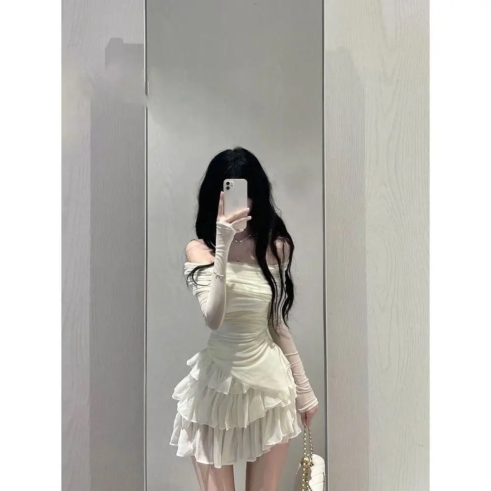 

Skirts Sets Women Summer Slim Tiered Ball Gown High Waist Sweet Faldas Thin Gentle Irregular Sunscreen Long-sleeve T-shirts OOTD
