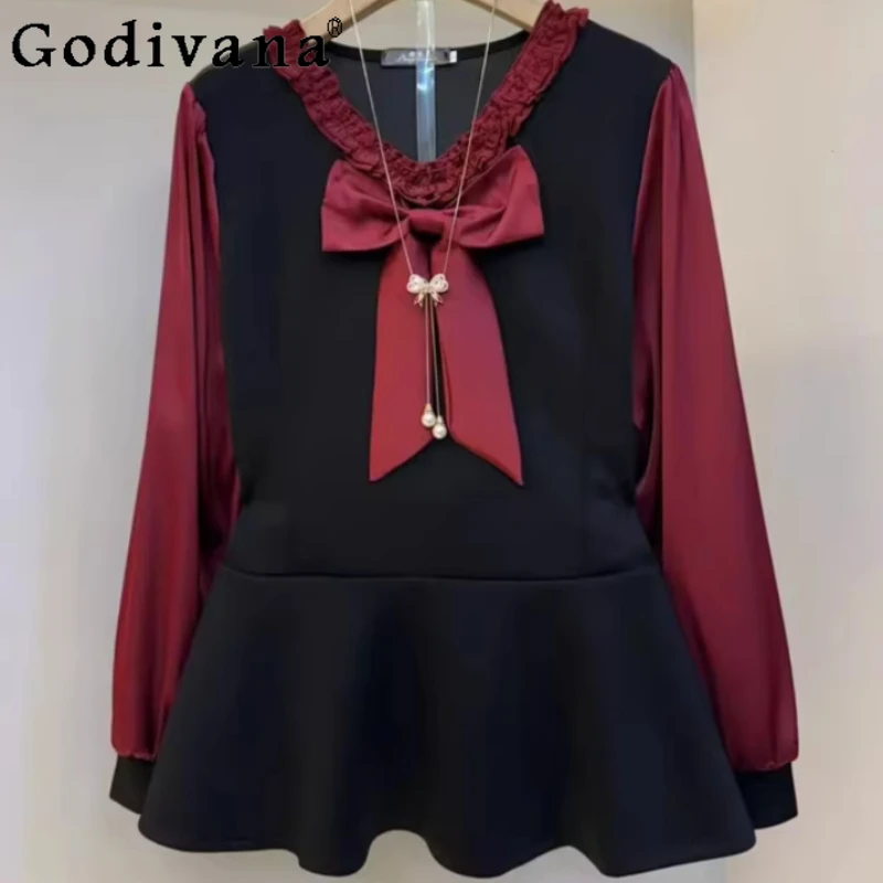 

Spring New Large Size Temperament V-Neck Bow Long Sleeve Daily Top Fashion Versatile Age Reduction Loose Korean Simple T-Shirt