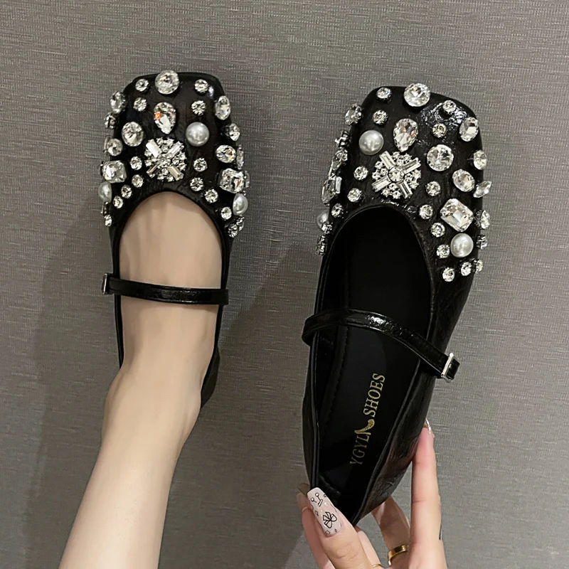 Crystal Bead Flats Women Mary Janes Shoes Luxury Shallow Designer Sandals Autumn 2024 New Shoes Dress Party Zapatillas Ladies