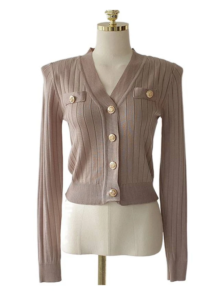 جديد إمرأة مخطط متماسكة كم طويل سترة قصيرة سترة الخامس الرقبة زر الذهب سليم بلايز عادية موضة تخفيف اليومية ملابس للسيدات #3