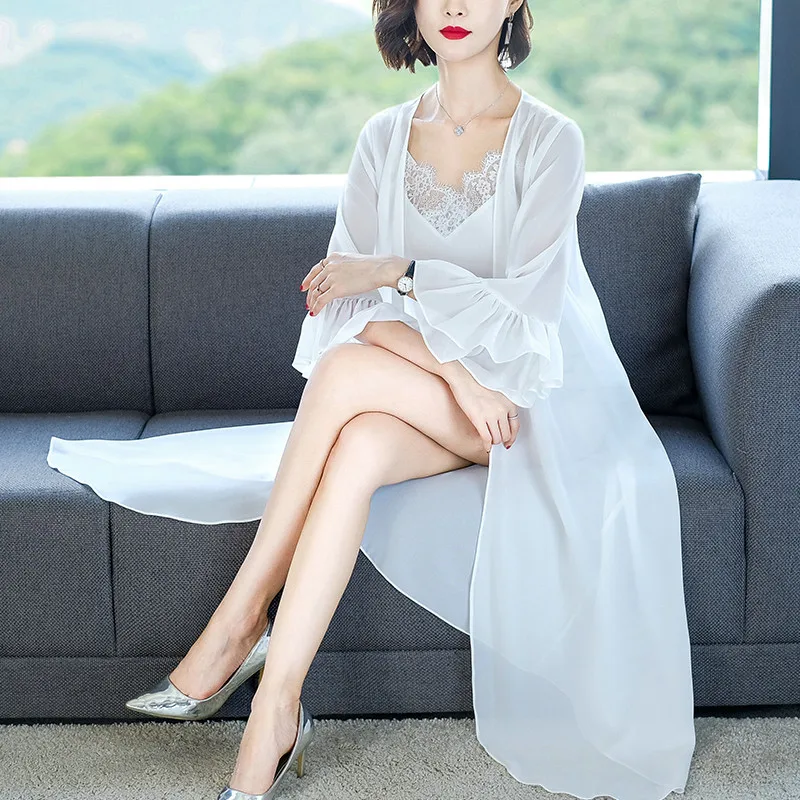 Women Vintage solid Chiffon Shirts Loose Shawl Kimono Cardigan Boho Tops Long Sunscreen Jacket Blouse Cardigan plus size