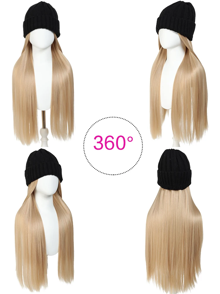 Synthetic Hat Wig Women's Black Knitted Hat Straight Hair Wig Suitable for Beginners and Everyday Wear in Autumn and Winter