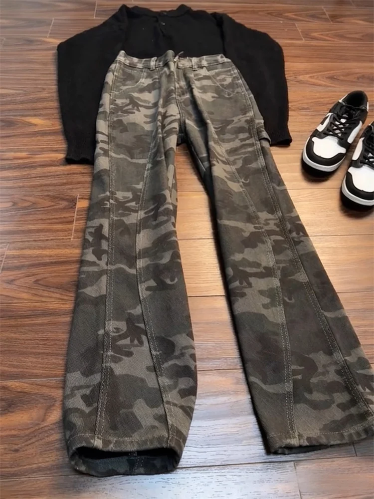 

Cleanfit Men's Loose Fit Camouflage Wide Leg Jeans High Street Sle Slanted Cut Straight Tube Pants Youthful Trendy Cotton D...