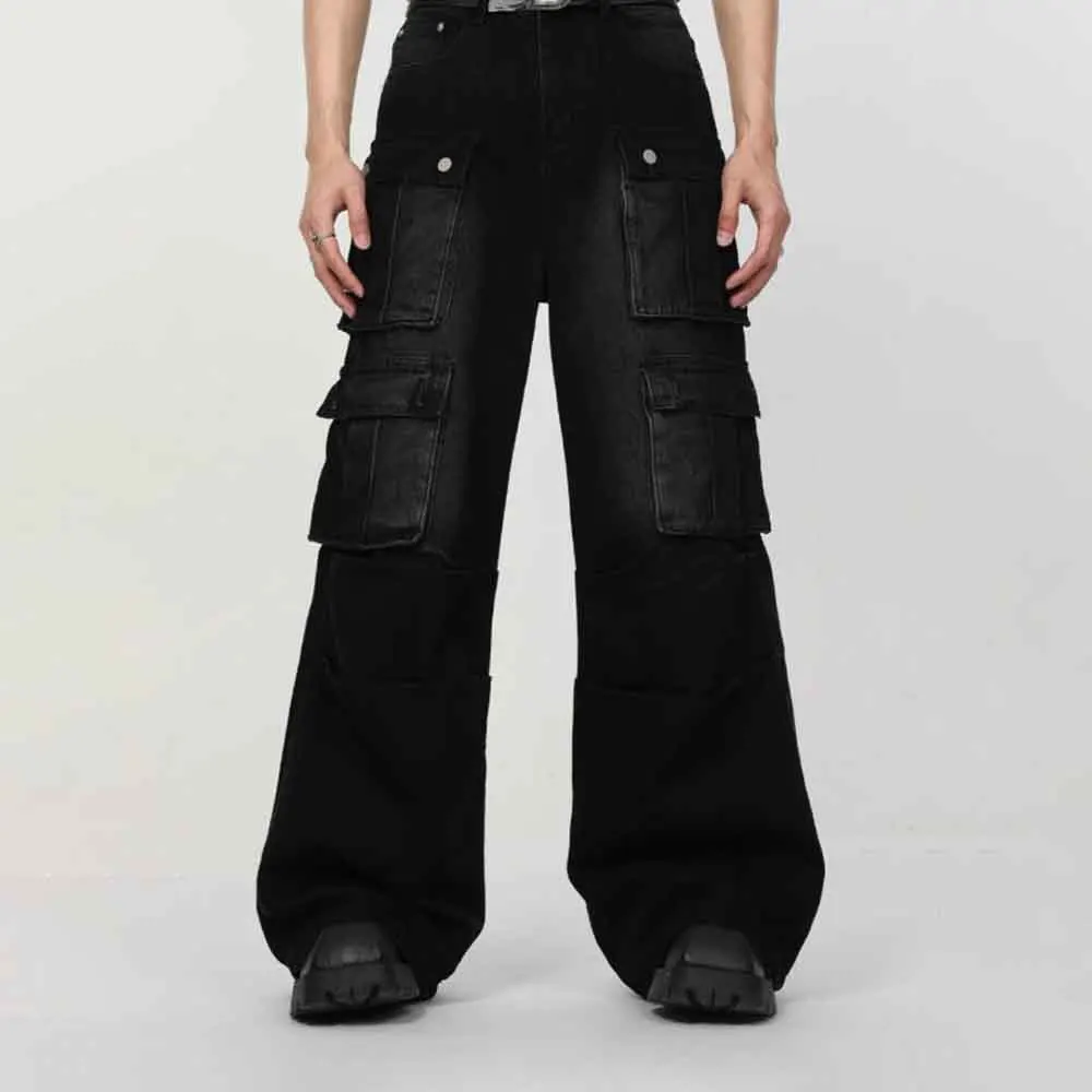 Outono novo masculino multi-bolso trabalho jeans americano retro moda tendência hip-hop rua solta casual nicho bottoms masculinos 2025