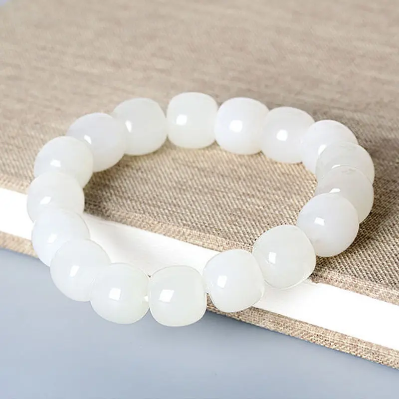 Hetian White Jade Old Style Bead Bracelet Men, Single Strand Jadeite In Color And Smoky Purple, Women'S Ver