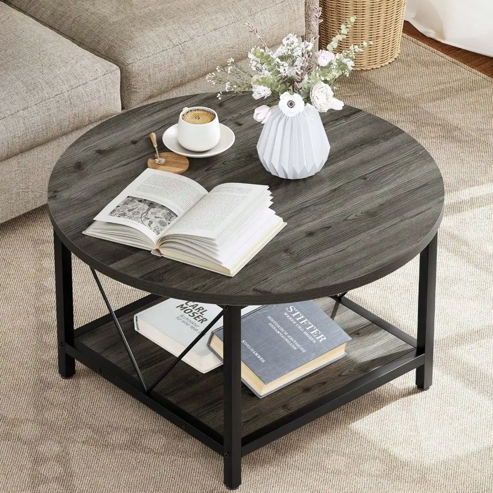 

Round Coffee Table with Storage Shelf Wood Center Home Office Living Room