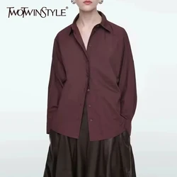 TWOTWINSTYLE Solid Minimalist Blouses For Women Lapel Long Sleeve Patchwork Single Breasted Lace Casual Blouse Female Fashion