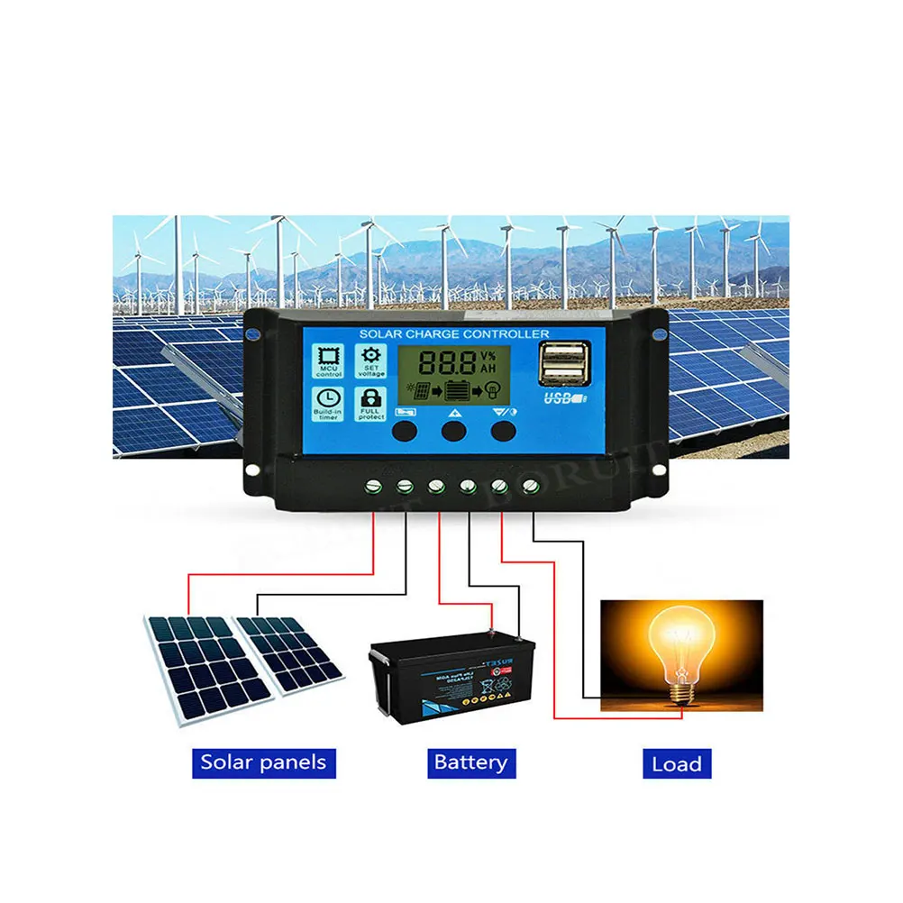 

30A 12V 24V Solar Charge For Lcd Usb Ports 3-Stage Pwm Protection Heat Dissipation Controller For