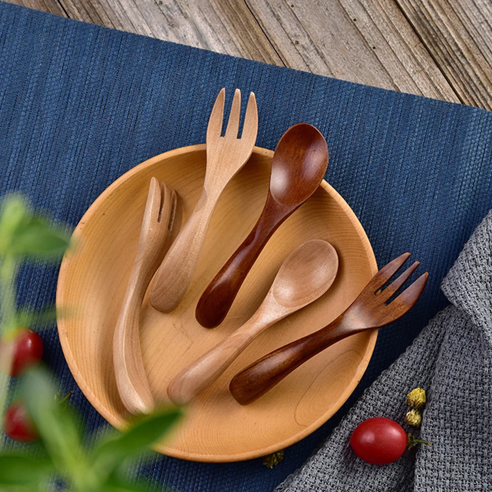 

1Set Wooden Kids Fork Spoon Adorable Children Utensils Portable Household Safe Durable Simple Style Pure Color Cereal Oatmeal