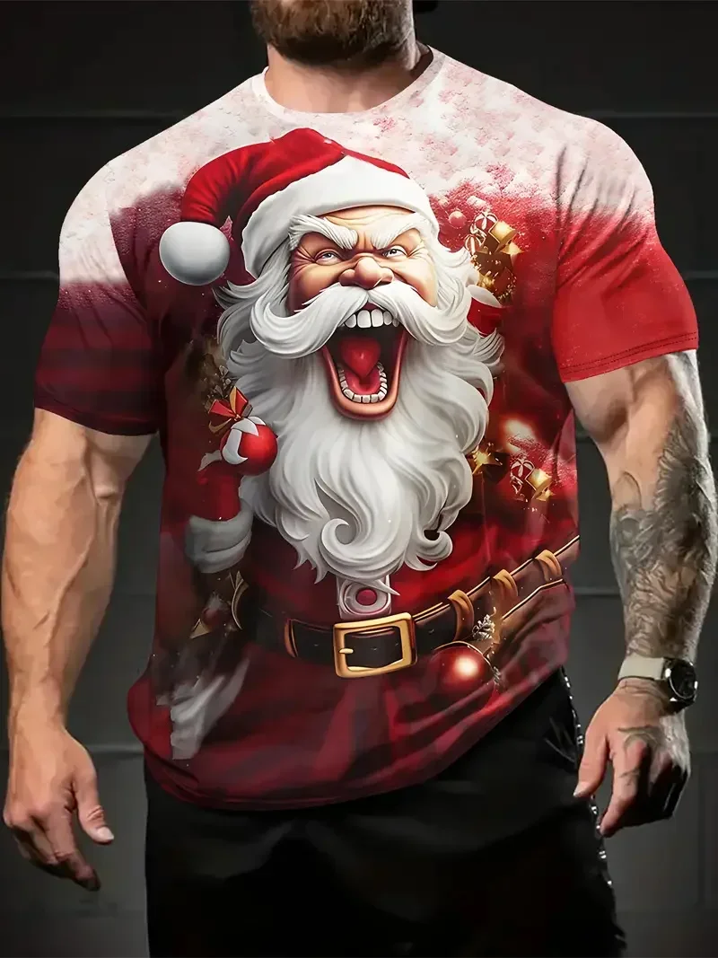 Camiseta con estampado 3D de Papá Noel para hombre, regalo de vacaciones de Navidad a la moda, cuello redondo, manga corta, ropa de Hip hop de gran tamaño