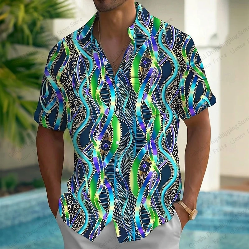 

Мужская гавайская рубашка с геометрическим градиентом и волнистым полосатым 3D принтом, мужская модная удобная праздничная блузка с коротким рукавом, мужская одежда