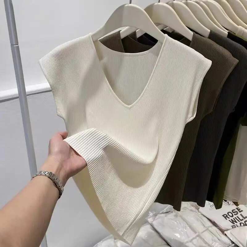 V-neck Rib-knit Sleeveless Vest Women's Knitted Tanks Camis Fitted Shirt Top Spring Summer Modern Chic Basic Outfit