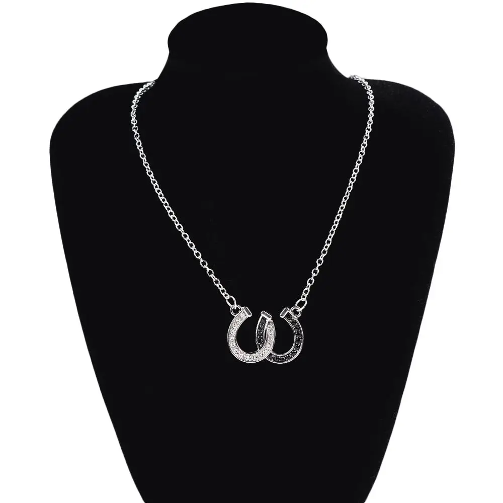 1X Rhinestone Double Horse Hoof Pendant Necklace Jewellery Black White