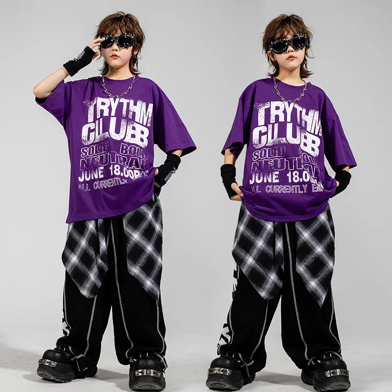 Jungen Hip Hop Tanz Kleidung Set Lila T-shirt Hosen Jazz Praxis Tragen Straße Tanzen Performance Outfit Bühne Kostüm