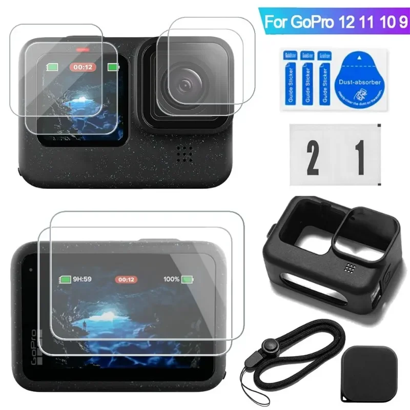 For GoPro Hero 12 11 10 9 Protective Kit Tempered Glass Flim Screen Protector Anti Drop Silicone Camera Case Cover with Rope