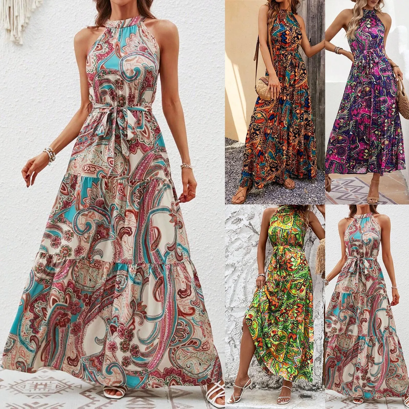 Summer Fashion Boho Long Dresses Women Lace Up Halterneck Sleeveless Backless Dress Elegant Print Ladies Party Vacation Vestido