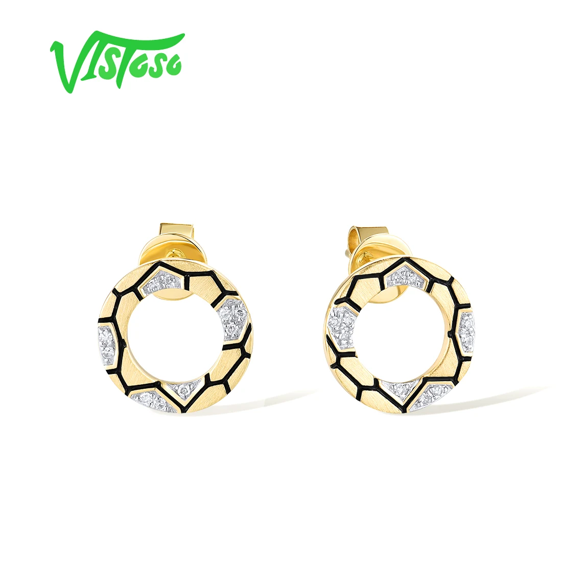 VISTOSO Real 14K 585 Yellow Gold Studs Earrings For Women Sparkling Diamonds Hexagon Pattern Black Enamel Geometric Fine Jewelry