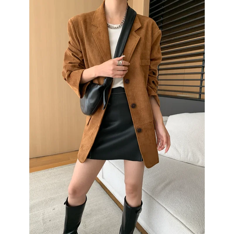 Vintage Suede Loose Casual Suit Coat Women Autumn Long Sleeve Khaki Simple Chic French Office Lady Elegant Jacket Coat