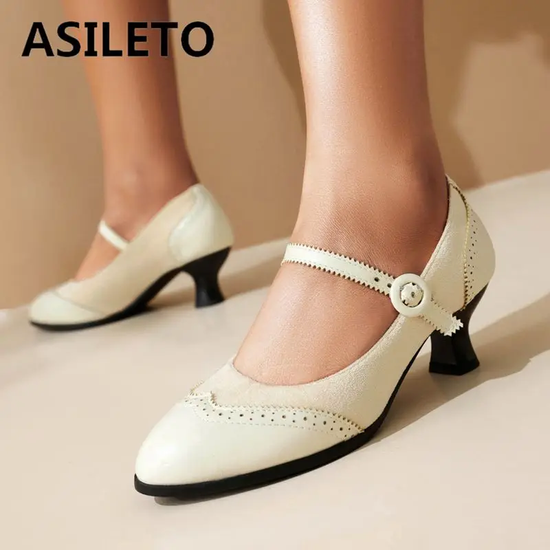 ASILETO Office Lady Shoes Small Heels 5cm Buckle Strap Flock Patchwork Shallow Leisure Daily Women Pumps Big Size 47 48