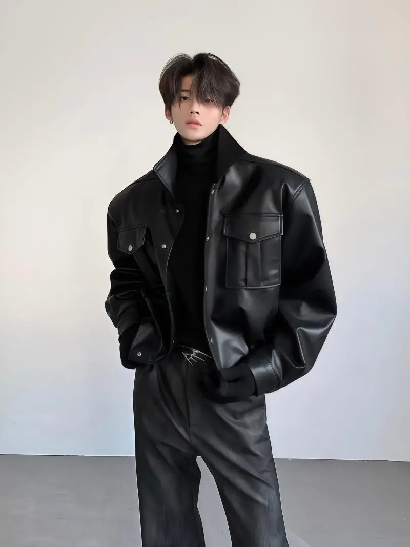 Large Pocket Shoulder Padded Niche Leather Jackets Men's 2025 Spring Autumn Faux Leather Coats High-end Trendy Motorcycle Jacket