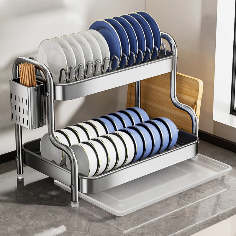 رف الأطباق، رف تجفيف الأطباق من الفولاذ المقاوم للصدأ مع صينية تصريف وحامل أواني، رف أطباق ذو سعة كبيرة للأطباق والأطباق